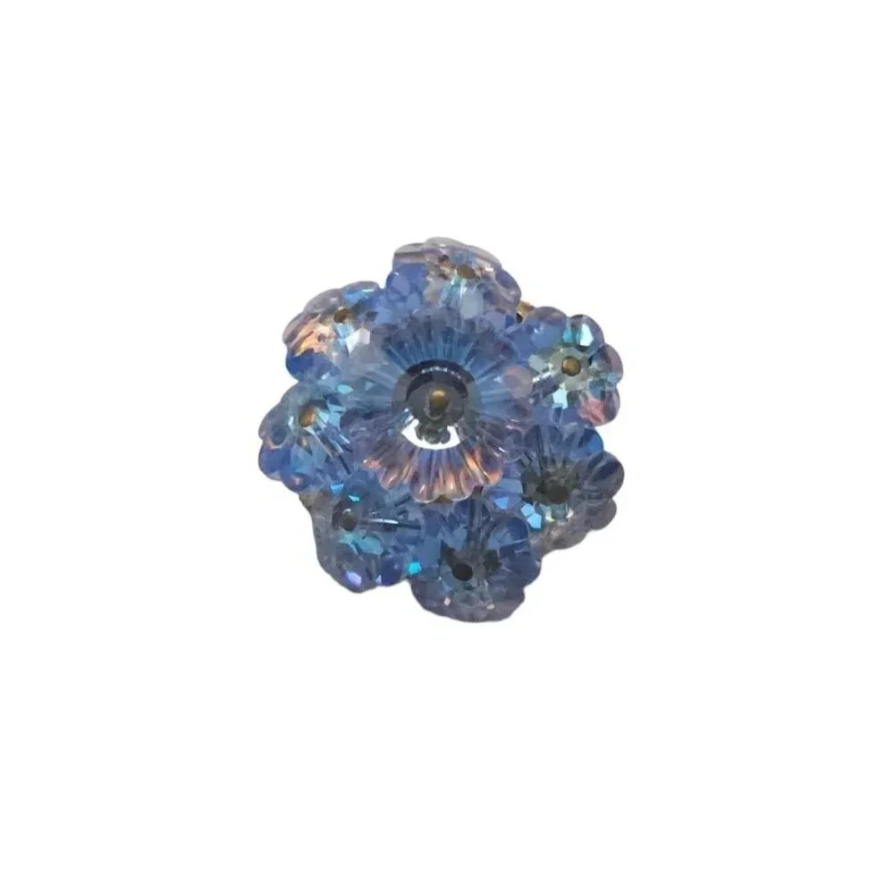 Blue Rivoli Rhinestone Cluster Flower Glass Brooch Pin Gold Tone Vintage